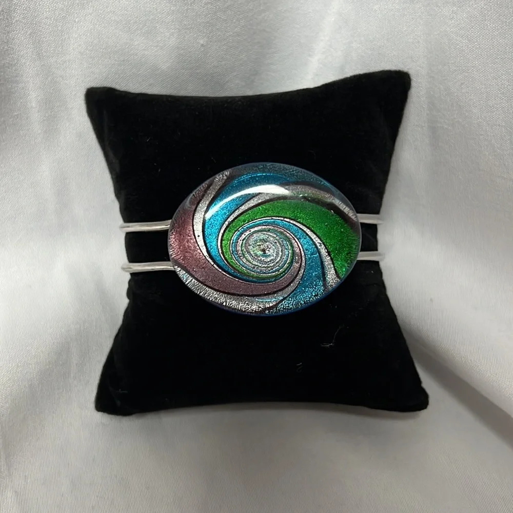 Green, Pink, Blue, Silver and Black Swirl Silver Bracelet